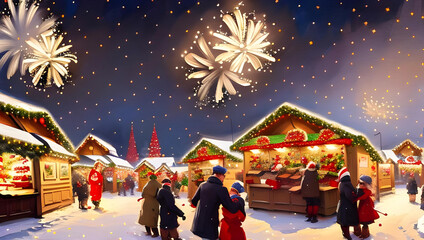 Fototapeta na wymiar european christmas market at night with christmas tree, snowfalkes, firework and gifts - painting 
