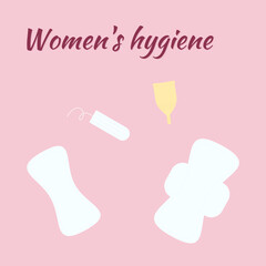 Icons, buttons, stickers with different pads, tampon, menstruation cup and text Women's hygiene on pink background