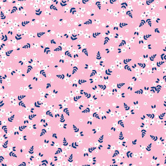 Cute floral pattern. Seamless vector texture. An elegant template for fashionable prints. Print with small white flowers and blue leaves. pink background.