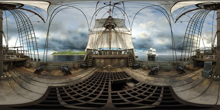 Pirate ship on the sea with animated water and sky.
Version 360 in 4K.
Great footage to add some characters in the middle of scene and outside the ship (alpha included).