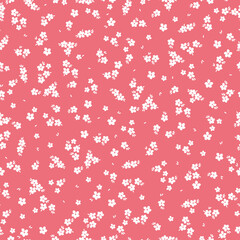 Cute floral pattern. Seamless vector texture. An elegant template for fashionable prints. Print with small white flowers and  leaves. pink background.