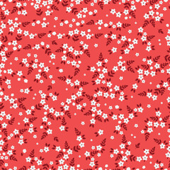 Cute floral pattern. Seamless vector texture. An elegant template for fashionable prints. Print with small white flowers and burgundy leaves. red background.