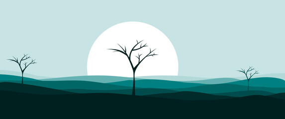 Fototapeta na wymiar Flat landscape with three trees silhouette and sun describing a dry life, good for illustration, art, gallery collection, background, wallpaper, art.