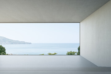 Glass window near blank wall on empty concrete floor of  living room in modern house or luxury hotel. Minimal home interior 3d rendering with beach and sea view.
