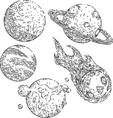 planet space set hand drawn vector. moon star, comet universe, solar galaxy, cosmos astronomy, sky system planet space sketch. isolated black illustration