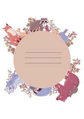 A daily planner, a checklist template with forest animals. Title page, cover. Wolf, fox, raccoon, hare, bear, badger with plants, wild berry.