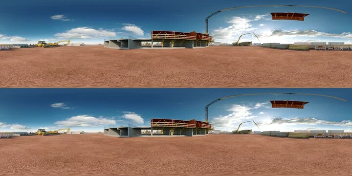 Construction site with animated sky, crane and other machines.
Version 360 VR stereo top-bottom in 5K with alpha channel.
Great footage to add some characters, machines etc in the middle of scene.