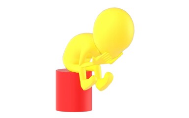 3d yellow character worried and sitting on a circular cylinder