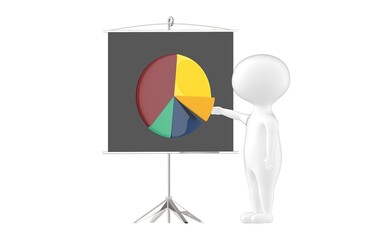 3d character , man , presentation board and pie chart