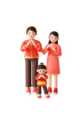 3D Chinese family wearing traditional outfit