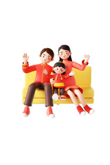 3D Chinese family wearing traditional outfit sitting on yellow sofa
