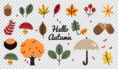 Colorful Cute Autumn Icons Set - Different Beautiful Vector Illustrations Isolated On Transparent Background