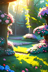 cute cosy flower forest in spring with colourful flowers, trees, grass and sunlight - painting  - Generative AI