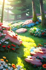 cute cosy flower forest in spring with colourful flowers, trees, grass and sunlight - painting - Generative AI
