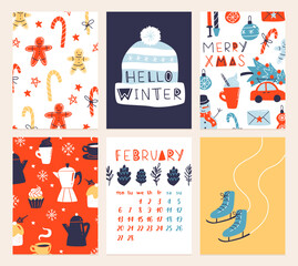 Vector collection of Christmas poster templates. New year 2023 set of christmas greeting cards. Bright colors. presents and hand written lettering for your invitation and design.