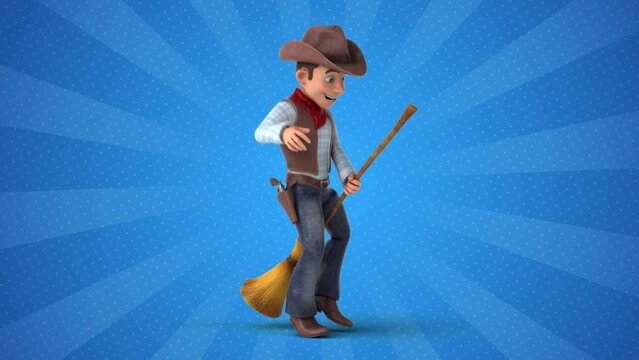 Fun 3D cartoon cowboy with a broomstick