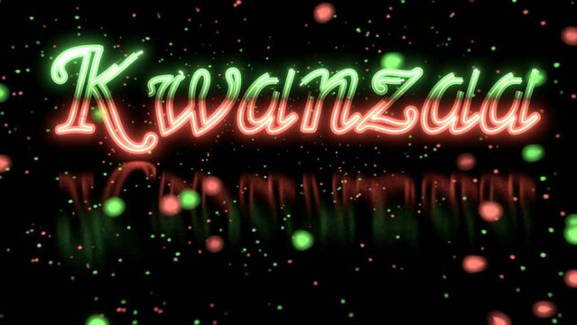 A neon sign displaying "Kwanzaa". A beautiful glittery gently blurred specks gradually drift around like snow. 3D render animation.