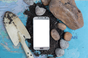 Smart phone agriculture app mock up screen,concept of app advertisement and farm or soil or fertilizer product promotion showing with copy space.