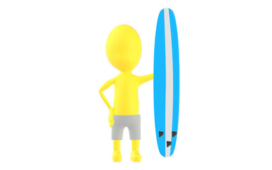 3d yellow character , surf board