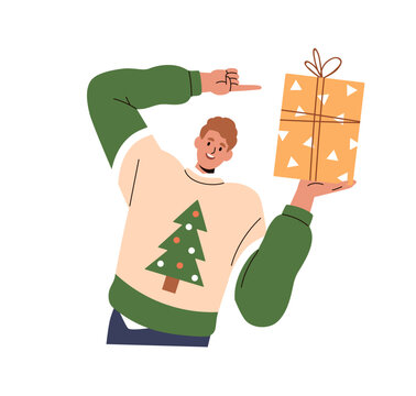 Happy person holding Christmas gift. Man with Xmas present box in hand. Male character with holiday surprise in festive wrapping with bow. Flat vector illustration isolated on white background