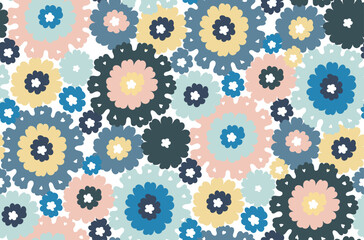 Fototapeta na wymiar Abstract Retro Hand Drawn Vector Flowers Trendy Fashion Colors Hippie Style Seamless Pattern Perfect for Allover Fabric Print or Wrapping Paper