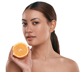 PNG Shot of a beautiful young woman holding a halved orange while posing against a white background