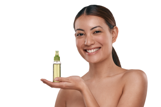 PNG Shot of a beautiful young woman holding up a bottle of face mist
