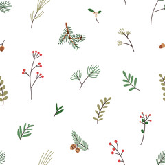 Seamless floral pattern, Christmas branches, plants. Winter fir twigs, red berries background design, repeating print for wrapping, textile. Botanical texture. Colored flat vector illustration