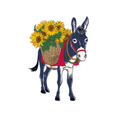.Donkey with a basket of sunflowers. Hand drawn vector illustration. Color isolated image..