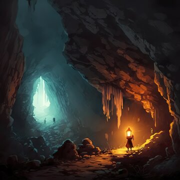 Man With A Lantern Exploring The Cave