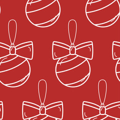 Vector seamless winter pattern with countour christmas tree ball toy on a red background. New year, Christmas, textile, paper, office supplies, web design.