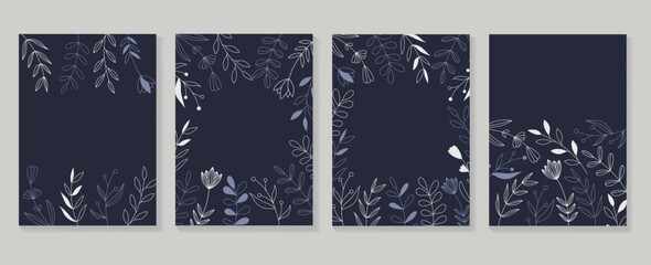 Happy holiday cover template vector set. Botanical floral leaf branch line art frame on dark blue background. Design illustration for invitation card, corporate, greeting, wallpaper, banner, poster.