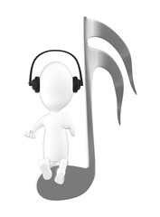 3d character , man wearing headphone and sitting on a musical note