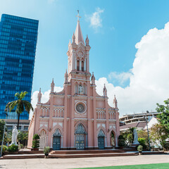 Pink Da Nang Cathedral church. Landmark and popular for tourist attraction. Vietnam and Southeast Asia travel concept