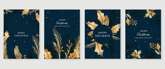 Fototapeta na wymiar Luxury christmas and happy new year holiday cover template vector set. Gradient gold winter pine leaf branch and holly on dark background. Design for card, corporate, greeting, wallpaper, poster.