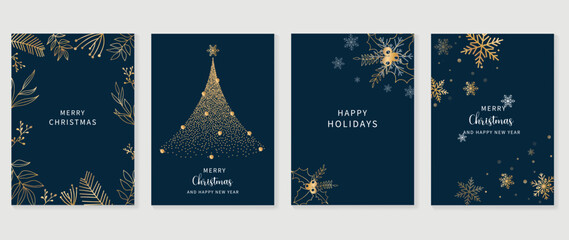 Luxury christmas and happy new year holiday cover template vector set. Gold winter leaves, holly, glittering christmas tree and snowflakes. Design for card, corporate, greeting, wallpaper, poster.
