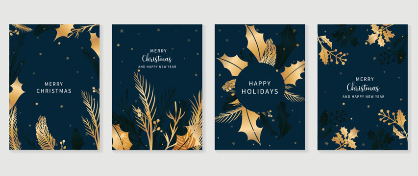 Luxury christmas and happy new year holiday cover template vector set. Gradient gold winter pine leaf branch and holly on dark background. Design for card, corporate, greeting, wallpaper, poster.