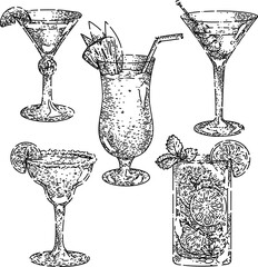 Fototapeta premium cocktail drink set hand drawn vector. bar alcohol glass, ice gin, party vodka liquor beverage, summer juice cocktail drink sketch. isolated black illustration