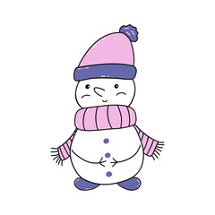 Cute snowman in a hat with a scarf, funny and happy. Symbol of winter and new year. Vector isolated illustration hand drawn doodle. Pink and purple color