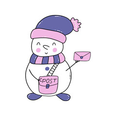 Cute snowman postman holding an envelope, funny and happy. Symbol of winter and new year. Vector isolated illustration hand drawn doodle. Pink and purple color