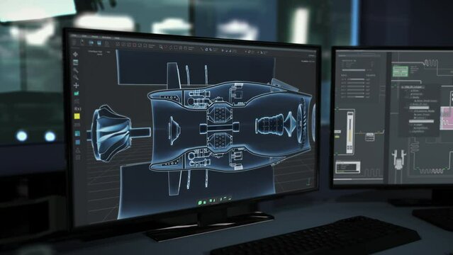 Computer technology visualises the blueprint of the complex machinery. Computer system shows the 3D blueprint of the new machinery model. Computer program analysing the machinery blueprint.