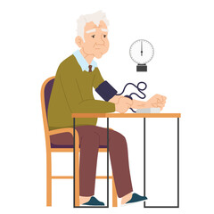 an elderly man measures blood pressure with a tonometer. Grandfather sitting at the table measures his blood pressure. vector illustration.