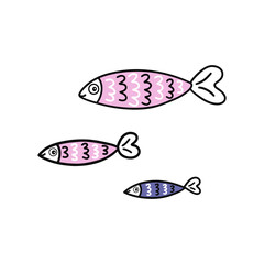 Three little fish pink and purple color. Undersea world. Vector isolated illustration hand drawn doodle contour