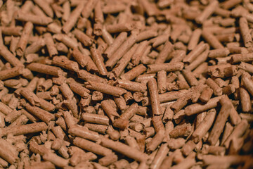 Close-up of wood pellets. Detailed shot of woodpellets. Pellet texture