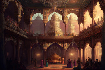 AI generated image depicting the throne room and court of an ancient Indian king, with ministers and courtiers in attendance. Durbar hall.	
