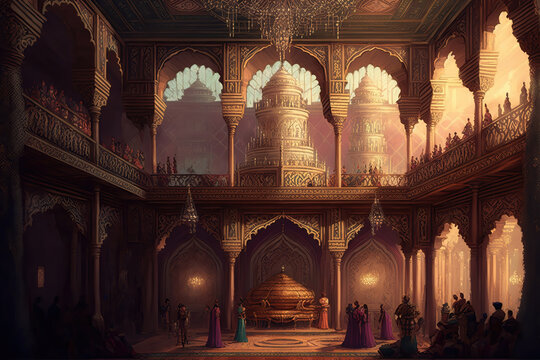 AI generated image depicting the throne room and court of an ancient Indian king, with ministers and courtiers in attendance. Durbar hall.	
