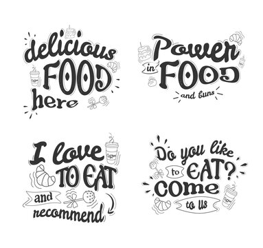 a set with inscriptions to decorate a cafe, restaurant, canteen here is delicious food. Lettering advertising on a banner, poster with a white background in green letters.