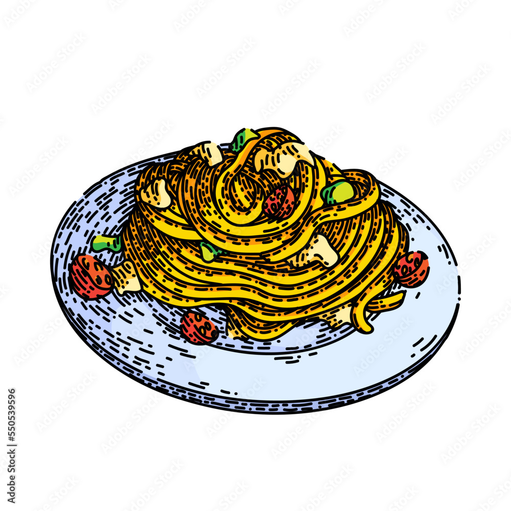 Poster tagliatelle pasta hand drawn vector. italian sauce, raw cooked nest, macaroni food tagliatelle pasta sketch. isolated color illustration