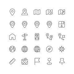 Outline icon collection for ui. Vector thin line illustration set. Travel location, cartography and map destination symbol isolated on white background. Design element