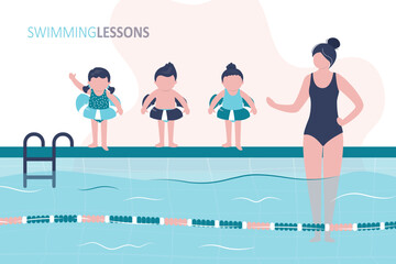 Coach woman teaching children, swimming class. School kids group in swimming pool. Happy kids characters standing at poolside, wearing swimming rings, training, learning to swim.